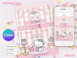 hello kitty rainbow invitation canva template, kitty party invitation, birthday invitation digital download