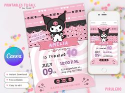 kuromi invitation canva template, kitty party invitation, birthday invitation digital download, 3