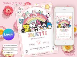 hello kitty and friends invitation canva template, kitty party birthday invitation, my melody, kuromi, cinnamoroll