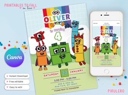 numbeblocks invitation canva template, numberblock 4th birthday invitation, numberblocks card, birthday party