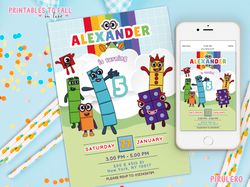 numbeblocks invitation canva template, numberblock 5th birthday invitation, numberblocks card, birthday party