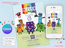 numbeblocks invitation canva template, numberblock 6th birthday invitation, numberblocks card, birthday party