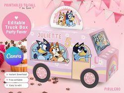 bluey girls puppy dog party printable favor box, pink truck party favor minibus candy treat box, dog house favor box