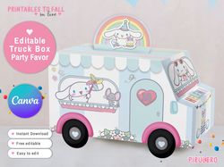 cinnamoroll party printable favor box, hello kitty favor box, cinnamoroll truck party favor minibus candy treat box