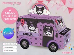 kuromi party printable favor box, hello kitty favor box, cinnamoroll truck party favor minibus candy treat box purple