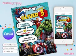 avenger invitation canva template, avenger birthday invitation, avenger card, birthday part spiderman, hulk, thor, iron