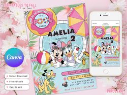minnie mouse and daisy duck pool party birthday invitation for girls, minnie twodles any age, minnie mouse editable