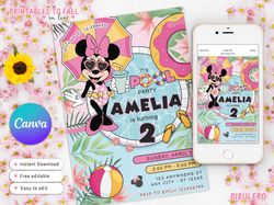 minnie mouse pool party birthday invitation for girls, minnie twodles any age, minnie mouse editable