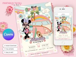 minnie mouse pool party surf lets groovy, summer vibes birthday invitation for girls, minnie mouse canva editable