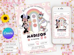 minnie mouse and daisy duck rainbow pool party summer vibes birthday, minnie mouse canva editable, invitation for girls