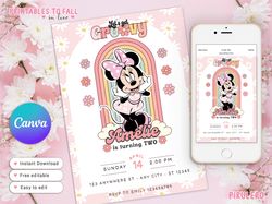 minnie mouse flower dress rainbow pool party summer vibes birthday, minnie mouse canva editable, invitation for girls