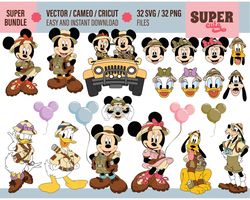 mickey safari mouse 32 svg, png, 32 svg bundle mouse and friends safari clipart characters themed centerpieces, t shirt
