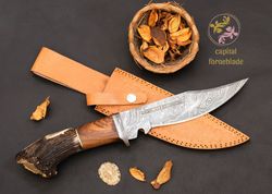 handmade gift damascus steel hunting knife with stag horn handle, best gift for him, husband, dad, boyfriend on birthday