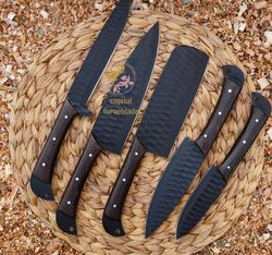 kitchen knife set of 5 pieces black powder coated stainless steel chef knives with wenge wood handles & leather roll kit