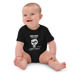 our first father's day, with custom names for dad and baby, personalized dad and kid shirts, organic cotton baby bodysuit