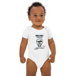 our first father's day, with custom names for dad and baby, personalized dad and kid shirt, organic cotton baby bodysuit
