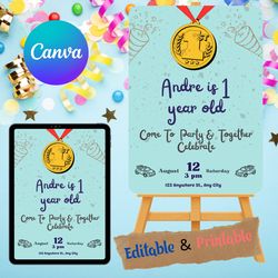 kids birthday invitation, first prize birthday invitation, editable and printable mobile evite, first birthday party