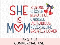 she is mom american mama 4th of july independence day coquette heart cherry bow mother hood png trendy graphics shirt in