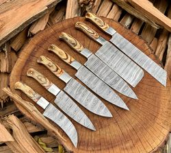 personalized gift handmade damascus chef knife set of 7 & pukka wood personalized gift for him kitchen , best birthday c