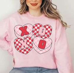 groovy candy heart xoxo valentines day sweatshirt, retro checkered candy heart valentine shirt