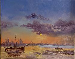 original small oil painting on cardboard art seascape landscape oil painting sunset