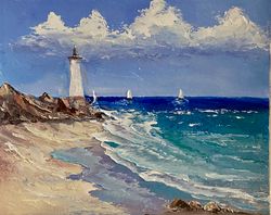 original small oil painting on cardboard art seascape landscape oil painting lighthouse