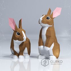 two rabbits papercraft, hare, pdf, gurko, pepakura, template, 3d origami, paper sculpture, low poly, diy craft