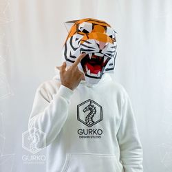 angry tiger mask papercraft template, pdf pattern, gurko, pepakura, origami diy craft paper mask, animal mask