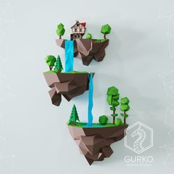 papercraft flying island. waterfall, pdf, gurko, pepakura, template, 3d origami, paper sculpture, low poly, diy craft