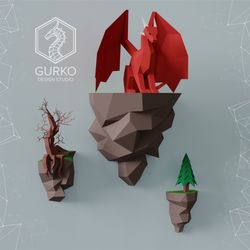 papercraft flying island. seated dragon, pdf, gurko, pepakura, template, 3d origami, paper sculpture, low poly, diy