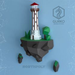 papercraft flying island. lighthouse, pdf, gurko, pepakura, template, 3d origami, paper sculpture, low poly, diy craft