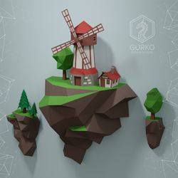 papercraft flying island. mill, pdf, gurko, pepakura, template, 3d origami, paper sculpture, low poly, diy craft