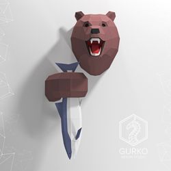 papercraft bear with fish, pdf, gurko, pepakura, template, 3d origami, paper sculpture, low poly, diy craft