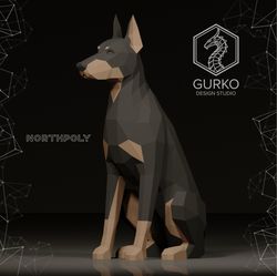 seated doberman papercraft, dog, pdf, gurko, pepakura, template, 3d origami, paper sculpture, low poly, diy craft