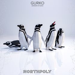 5 magellanic penguins papercraft, pdf, gurko, pepakura, template, 3d origami, paper sculpture, low poly, diy craft