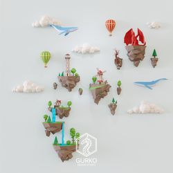 papercraft flying islands 5 sets, pdf, gurko, pepakura, template, 3d origami, paper sculpture, low poly