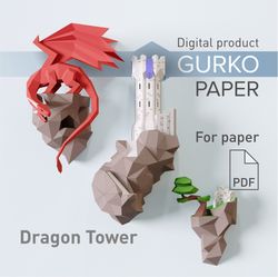 papercraft flying island. dragon tower, pdf, gurko, pepakura, template, 3d origami, paper sculpture, low poly, diy craft