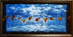 flight of golden birds, 75x38cm, oil on canvas on cardboard, framed, 2020