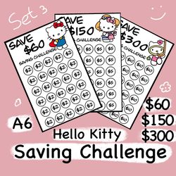 monthly savings challenge printable tracker files hello kitty style, a6 size, cash budget, save 60,150,300 dollars