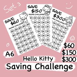 monthly savings challenge printable tracker files hello kitty style, a6 size, cash budget, save 60,150,300 dollars b-w