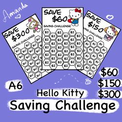 monthly savings challenge printable tracker files hello kitty style, a6 size, cash budget, save 60,150,300 dollars honey