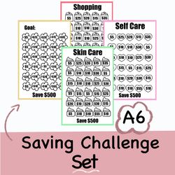 monthly savings challenge printable tracker files , a6 size, cash budget, save 500 dollars honey, self care, shopping