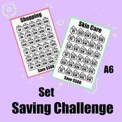 set monthly savings challenge printable tracker files, a6 size, cash budget, save 500 dollars honey, self care, shopping