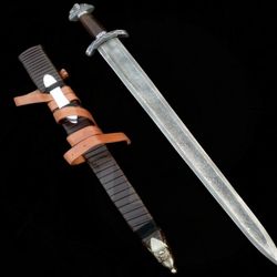 hand forged damascus steel viking sword sharp blade, battle ready sword, lagertha viking, sword with scabbard | gift