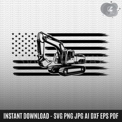 us excavator svg, construction vehicle svg, heavy equipment svg, usa flag heavy construction equipment svg