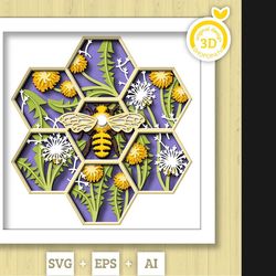 3d bee shadow box svg layered dandelions svg, spring shadow box, honey bee 3d svg, honey comb 3d svg, papercut svg, cric