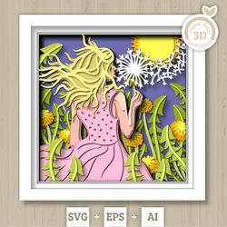 3d dandelion girl shadow box svg layered dandelions svg, spring shadow box, flowers 3d svg, floral 3d svg, papercut svg,