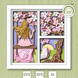 3d woman on swing under blossom tree shadow box svg, 3d spring svg, 3d cherry blossom svg, 3d sakura tree svg, floral sv