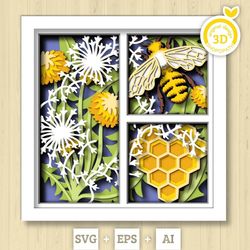 3d bee shadow box svg layered dandelions svg, spring shadow box, honey bee 3d svg, honey comb 3d svg, flowers papercut s