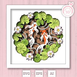 3d layered koi pond shadow box svg spring flowers 3d svg, water lily shadow box, leaves frog 3d svg layered papercut cri